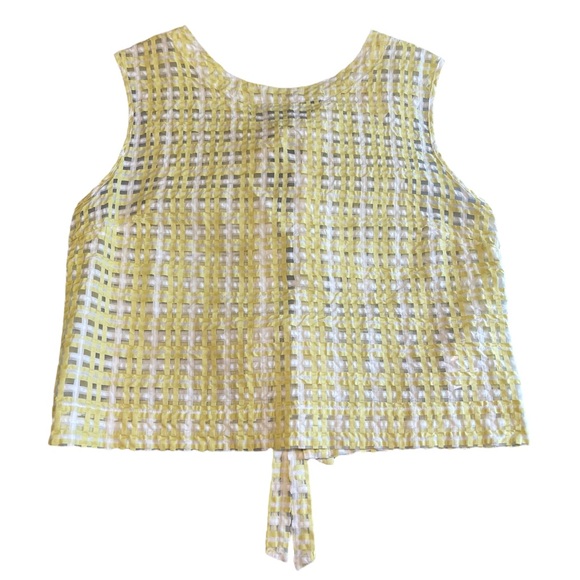 Maeve Anthropologie Yellow White Plaid Sheer Tank Cropped Size Large Tie Up Back - Picture 1 of 12